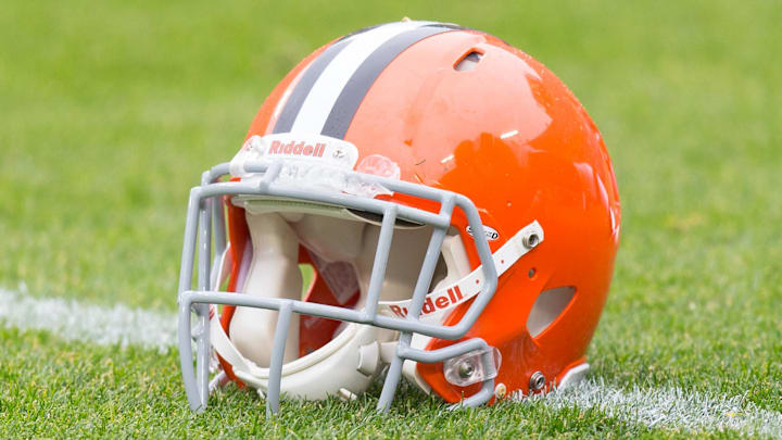 Cleveland Browns helmet sits on the field during warmups prior to the game against the Green Bay Packers.
