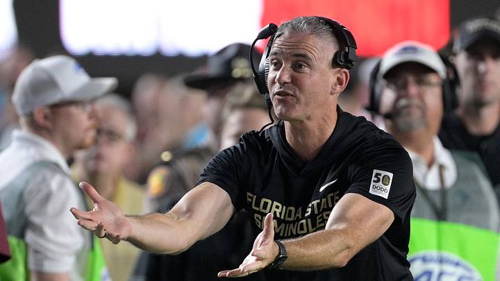 Oct 4, 2025; Tallahassee, Florida, USA; Florida State Seminoles head coach Mike Norvell during the first half against the Miami Hurricanes at Doak S. Campbell Stadium. Mandatory Credit: Melina Myers-Imagn Images