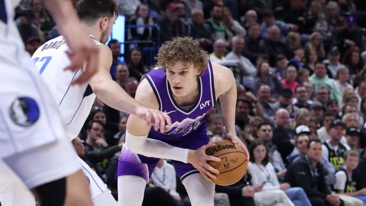 Mar 25, 2024; Salt Lake City, Utah, USA; Utah Jazz forward Lauri Markkanen (23) looks to move the ball against the Dallas Mavericks during the third quarter at Delta Center. Mandatory Credit: Rob Gray-USA TODAY Sports Mar 25, 2024; Salt Lake City, Utah, USA; Utah Jazz forward Lauri Markkanen (23) looks to move the ball against the Dallas Mavericks during the third quarter at Delta Center. Mandatory Credit: Rob Gray-USA TODAY Sports