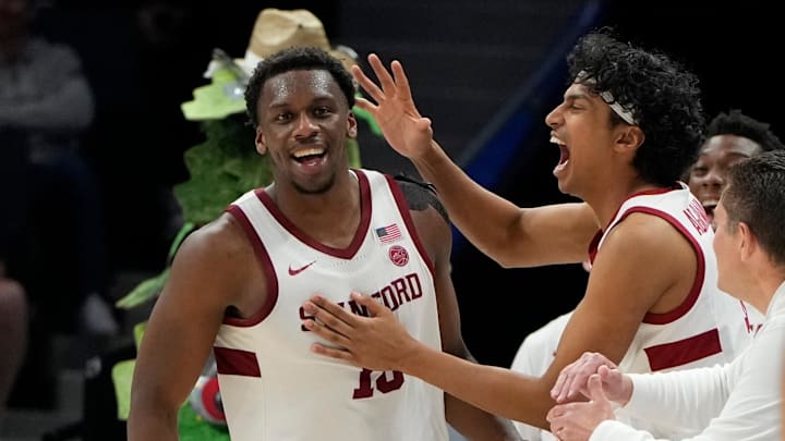 Mar 12, 2025; Charlotte, NC, USA; Stanford Cardinal forward Chisom Okpara (10) reacts with guard Ryan Agarwal (11) after scoring a basket and being fouled late in the second half at Spectrum Center. Mandatory Credit: Bob Donnan-Imagn Images Mar 12, 2025; Charlotte, NC, USA; Stanford Cardinal forward Chisom Okpara (10) reacts with guard Ryan Agarwal (11) after scoring a basket and being fouled late in the second half at Spectrum Center. Mandatory Credit: Bob Donnan-Imagn Images