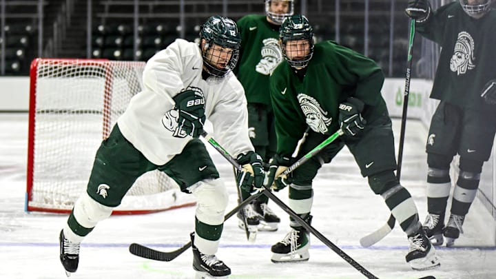 Michigan State's Griffin Jurecki moves the puck during hockey practice on Thursday, Sept. 25, 2025, at Munn Arena in East Lansing.