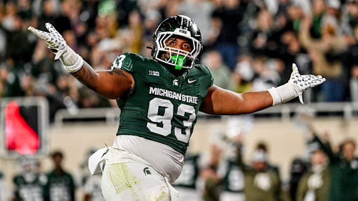 Michigan State's Jalen Satchell celebrates a sack against Penn State during the third quarter on Saturday, Nov. 15, 2025, at Spartan Stadium in East Lansing.