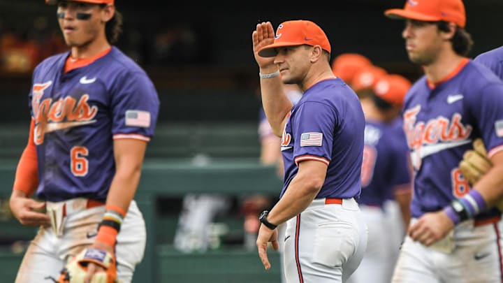 Clemson Head Coach Erik Bakich during the top of the eighth inning of game 2 with Georgia Tech at Doug Kingsmore Stadium in Clemson Friday, May 3, 2024.