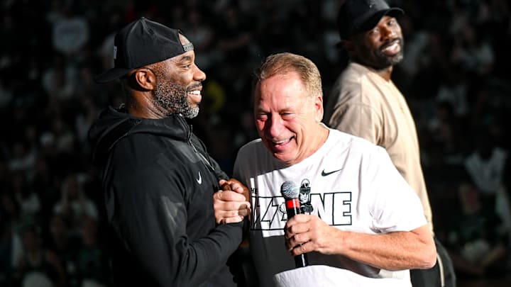 Michigan State men's basketball head coach Tom Izzo, center, former MSU players Mateen Cleaves, left, and Jason Richardson greet Izzo during the Michigan State Madness event on Friday, Oct. 4, 2024, at the Breslin Center in East Lansing. Michigan State men's basketball head coach Tom Izzo, center, former MSU players Mateen Cleaves, left, and Jason Richardson greet Izzo during the Michigan State Madness event on Friday, Oct. 4, 2024, at the Breslin Center in East Lansing.