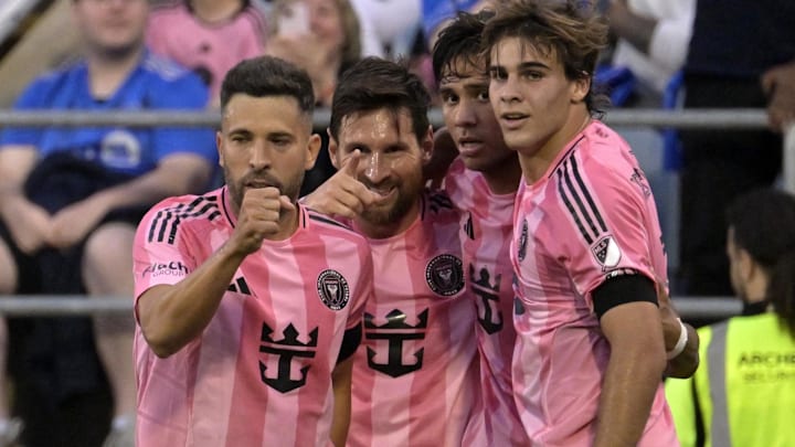 Lionel Messi (second from left) scored two goals during Inter Miami's return to MLS action.