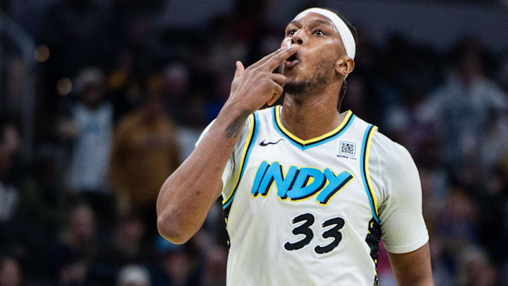 Jan 29, 2025; Indianapolis, Indiana, USA; Indiana Pacers center Myles Turner (33) celebrates a made basket  in the second half against the Detroit Pistons at Gainbridge Fieldhouse. Mandatory Credit: Trevor Ruszkowski-Imagn Images