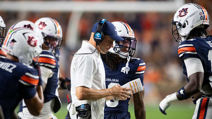 Auburn Tigers defensive coordinator DJ Durkin huddles with his team as Auburn Tigers take on Ball State Cardinals at Jordan-Hare Stadium in Auburn, Ala. on Saturday, Sept. 6, 2025. Auburn Tigers defeated Ball State Cardinals 42-3. Auburn Tigers defensive coordinator DJ Durkin huddles with his team as Auburn Tigers take on Ball State Cardinals at Jordan-Hare Stadium in Auburn, Ala. on Saturday, Sept. 6, 2025. Auburn Tigers defeated Ball State Cardinals 42-3.