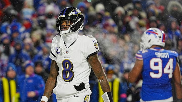 Baltimore Ravens quarterback Lamar Jackson reacts to not getting the two-point conversion attempt during second half action at the Buffalo Bills divisional game against the Baltimore Ravens at Highmark Stadium in Orchard Park on Jan. 19, 2025.