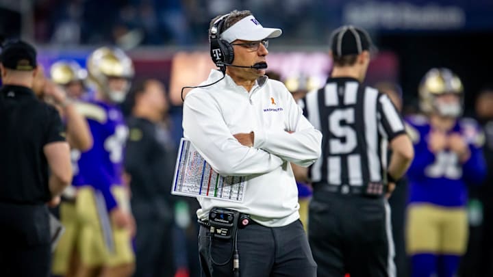 Jedd Fisch looks on from the sideline at the LA Bowl. 