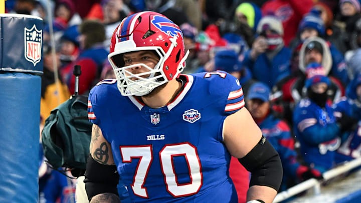 Jan 4, 2026; Orchard Park, New York, USA; Buffalo Bills offensive tackle Alec Anderson (70) enters the field before a game against the New York Jets at Highmark Stadium. Mandatory Credit: Mark Konezny-Imagn Images