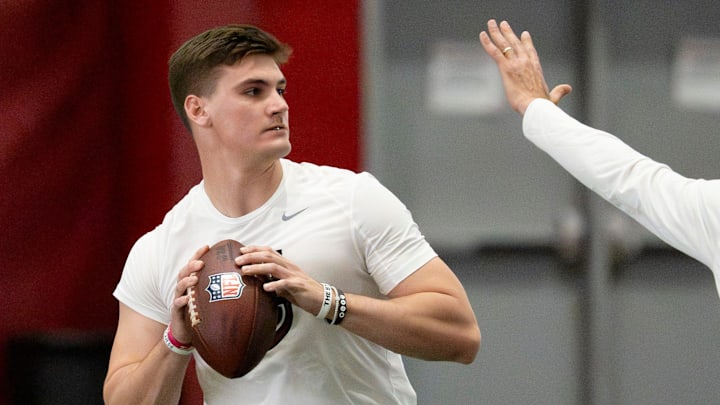 March 25, 2026; Tuscaloosa, AL, USA; Quarterback Ty Simpson throws during Pro Day in the Hank Crisp Indoor Practice Facility at the University of Alabama.