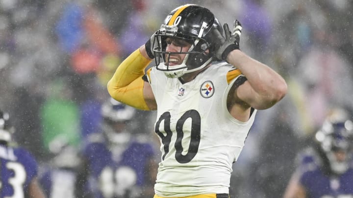 Jan 6, 2024; Baltimore, Maryland, USA;  Pittsburgh Steelers linebacker T.J. Watt (90) reacts after sacking Baltimore Ravens quarterback Tyler Huntley (2) in the third quarter  at M&T Bank Stadium. Mandatory Credit: Tommy Gilligan-USA TODAY Sports