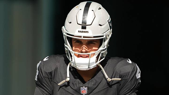 Nov 19, 2023; Miami Gardens, Florida, USA; Las Vegas Raiders quarterback Aidan O'Connell (4) takes to the field prior to the game against the Miami Dolphins at Hard Rock Stadium. Mandatory Credit: Jasen Vinlove-USA TODAY Sports Nov 19, 2023; Miami Gardens, Florida, USA; Las Vegas Raiders quarterback Aidan O'Connell (4) takes to the field prior to the game against the Miami Dolphins at Hard Rock Stadium. Mandatory Credit: Jasen Vinlove-USA TODAY Sports
