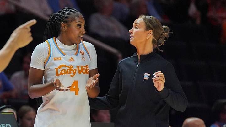 Tennessee's Gabby Minus (4) talks to Tennessee women’s basketball coach Kim Caldwell during a women’s college basketball exhibition game between the Tennessee Lady Vols and Florida A&M Rattlers at Thompson-Boling Arena at Food City Center on Oct. 27, 2026. Tennessee's Gabby Minus (4) talks to Tennessee women’s basketball coach Kim Caldwell during a women’s college basketball exhibition game between the Tennessee Lady Vols and Florida A&M Rattlers at Thompson-Boling Arena at Food City Center on Oct. 27, 2026.