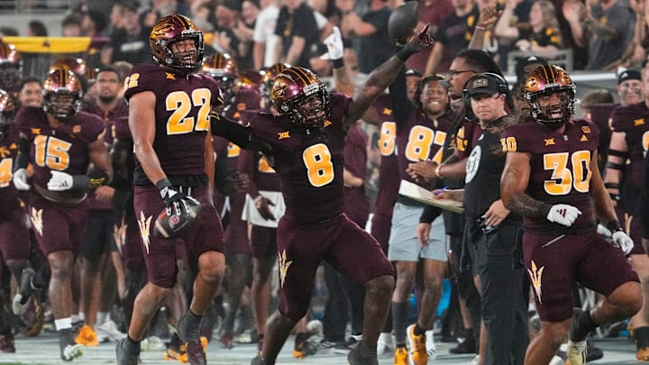 Arizona State Sun Devils linebacker Caleb McCullough (22) reacts after intercepting a pass from Utah Utes quarterback Cameron Rising (7) in the first half at Mountain America Stadium.