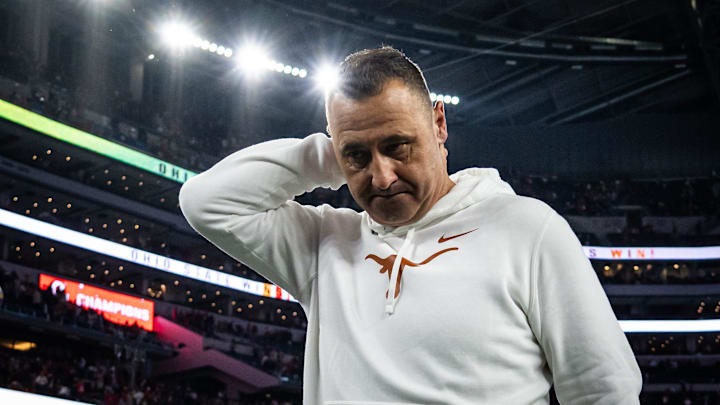 Texas Longhorns head coach Steve Sarkisian reacts as he heads to the locker room after the Longhorns' 28-14 loss to the Ohio State Buckeyes in the Cotton Bowl College Football Playoff semi-final at AT&T Stadium in Dallas, Texas, Jan. 10, 2025.