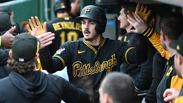 May 2, 2026; Pittsburgh, Pennsylvania, USA;  Pittsburgh Pirates shortstop Konnor Griffin is greeted in the dugout after scoring against the Cincinnati Reds during the fourth inning at PNC Park. Mandatory Credit: Philip G. Pavely-Imagn Images