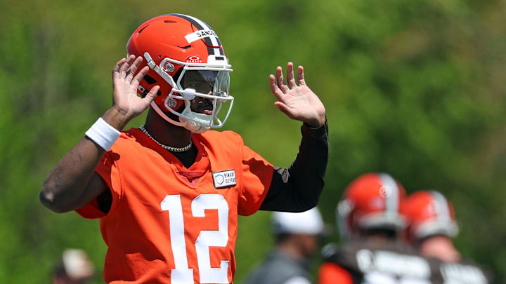 Cleveland Browns quarterback Shedeur Sanders gestures during rookie minicamp, May 9, 2025, in Berea.