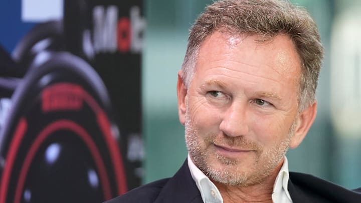 Christian Horner, Team Principal of Oracle Red Bull Racing, speaks at the Red Bull Fan Zone, a