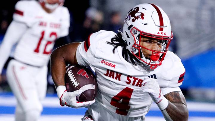 Jacksonville State running back Cam Cook (4) carries the ball during the football game against Middle Tennessee, at MTSU on Wednesday, October 29, 2025.