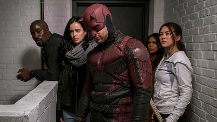 Luke Cage, Jessica Jones, Daredevil, Claire Temple, and Colleen Wing in Marvel's The Defenders