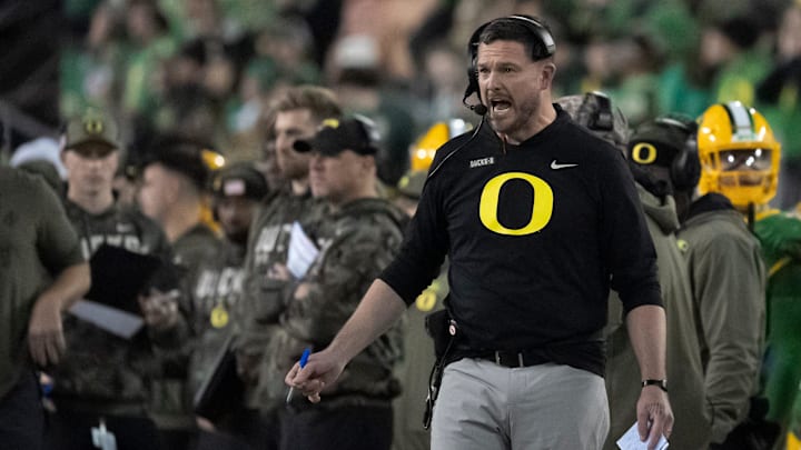 Oregon head coach Dan Lanning yells on the sideline as the Oregon Ducks host the Maryland Terrapins at Autzen Stadium Saturday, Nov. 9, 2024 in Eugene, Ore. Oregon head coach Dan Lanning yells on the sideline as the Oregon Ducks host the Maryland Terrapins at Autzen Stadium Saturday, Nov. 9, 2024 in Eugene, Ore.