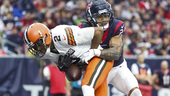Dec 24, 2023; Houston, Texas, USA; Cleveland Browns wide receiver Amari Cooper (2) makes a reception for a touchdown as Houston Texans cornerback Derek Stingley Jr. (24) defends during the third quarter at NRG Stadium. Mandatory Credit: Troy Taormina-USA TODAY Sports