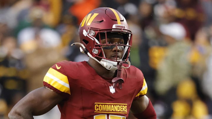 Nov 10, 2024; Landover, Maryland, USA; Washington Commanders wide receiver Terry McLaurin (17) looks on from the field during final minute of the game against the Pittsburgh Steelers at Northwest Stadium. Mandatory Credit: Amber Searls-Imagn Images