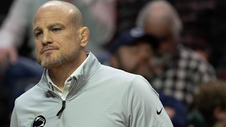 Penn State wrestling coach Cael Sanderson watches the Nittany Lions wrestle vs. Rutgers in a Big Ten match. Penn State wrestling coach Cael Sanderson watches the Nittany Lions wrestle vs. Rutgers in a Big Ten match.