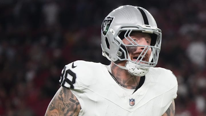 Las Vegas Raiders defensive end Maxx Crosby (98) celebrates his tackle in the backfield against the Arizona Cardinals at State Farm Stadium in Glendale, on Aug. 23, 2025.