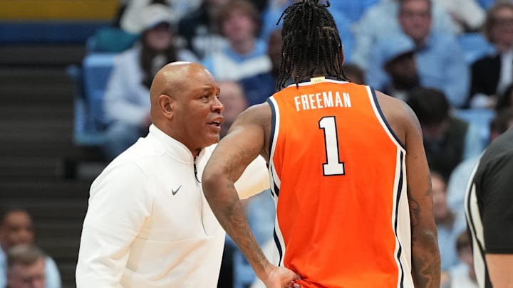 Feb 2, 2026; Chapel Hill, North Carolina, USA; Syracuse Orange head coach Adrian Autry with forward Donnie Freeman (1) in the second half at Dean E. Smith Center. Mandatory Credit: Bob Donnan-Imagn Images