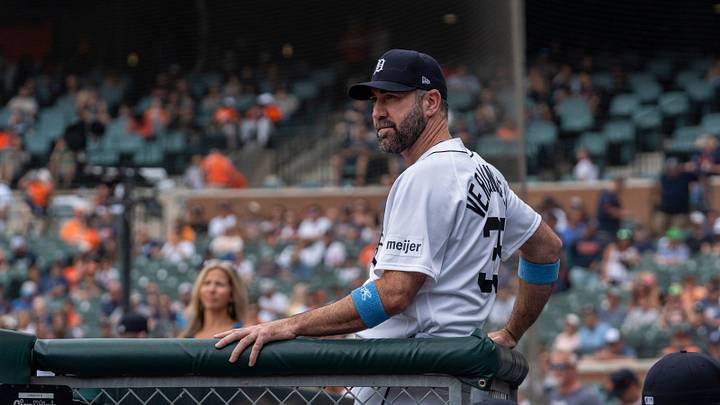 Detroit Tigers pitcher Justin Verlander watches from the dugout during a game against the Chicago White Sox at Comerica Park in Detroit on Sunday, June 21, 2026. Detroit Tigers pitcher Justin Verlander watches from the dugout during a game against the Chicago White Sox at Comerica Park in Detroit on Sunday, June 21, 2026.