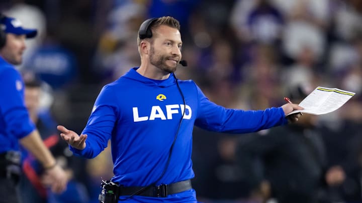 Jan 13, 2025; Glendale, AZ, USA; Los Angeles Rams head coach Sean McVay reacts against the Minnesota Vikings during an NFC wild card game at State Farm Stadium. Mandatory Credit: Mark J. Rebilas-Imagn Images