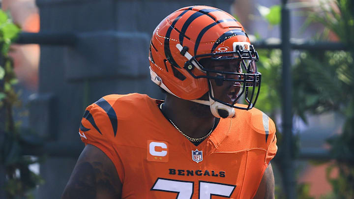 Sep 14, 2025; Cincinnati, Ohio, USA; Cincinnati Bengals offensive tackle Orlando Brown Jr. (75) runs onto the field before the game against the Jacksonville Jaguars at Paycor Stadium. Mandatory Credit: Katie Stratman-Imagn Images