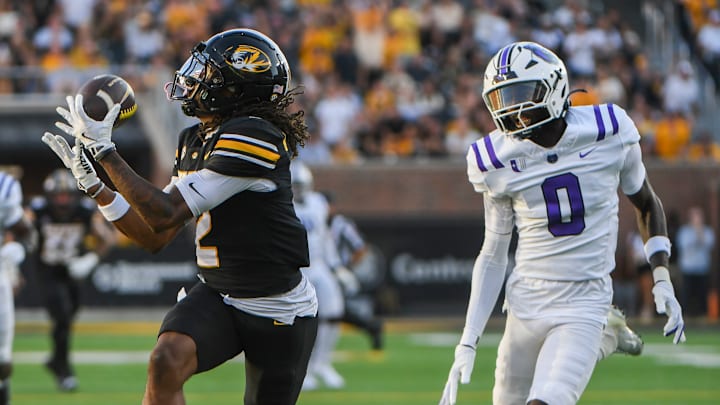 Aug 28, 2025; Columbia, MO, USA; Missouri Tigers wide receiver Marquis Johnson (2) beats Central Arkansas defensive back LJ Hewitt (0) in the first quarter of Missouri's Week 1 Game in Faurot Field at Memorial Stadium. Aug 28, 2025; Columbia, MO, USA; Missouri Tigers wide receiver Marquis Johnson (2) beats Central Arkansas defensive back LJ Hewitt (0) in the first quarter of Missouri's Week 1 Game in Faurot Field at Memorial Stadium.