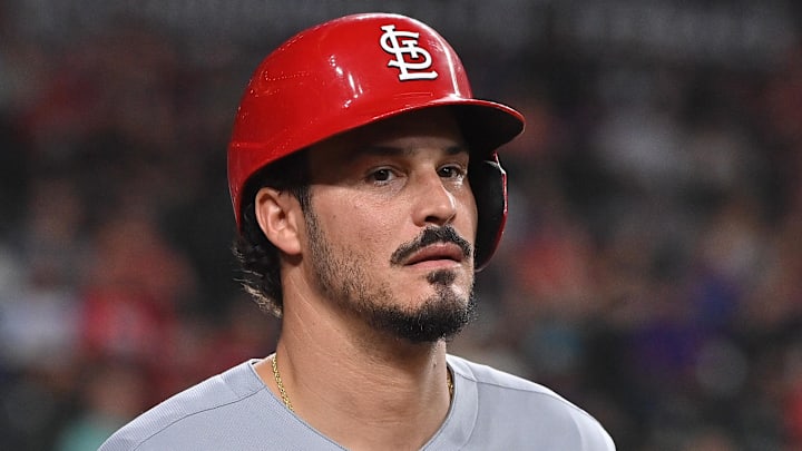 Jul 18, 2025; Phoenix, Arizona, USA; St. Louis Cardinals third base Nolan Arenado (28) looks on in the first inning against the Arizona Diamondbacks at Chase Field. Mandatory Credit: Matt Kartozian-Imagn Images