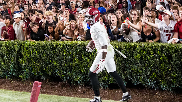 Oct 25, 2025; Columbia, South Carolina, USA; Alabama Crimson Tide wide receiver Germie Bernard (5) reacts after scoring the game-winning touchdown against the South Carolina Gamecocks in the fourth quarter at Williams-Brice Stadium. Mandatory Credit: Jeff Blake-Imagn Images Oct 25, 2025; Columbia, South Carolina, USA; Alabama Crimson Tide wide receiver Germie Bernard (5) reacts after scoring the game-winning touchdown against the South Carolina Gamecocks in the fourth quarter at Williams-Brice Stadium. Mandatory Credit: Jeff Blake-Imagn Images