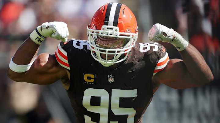 Cleveland Browns defensive end Myles Garrett celebrates after sacking Cincinnati Bengals quarterback Joe Burrow on Sept. 7, 2025, in Cleveland.