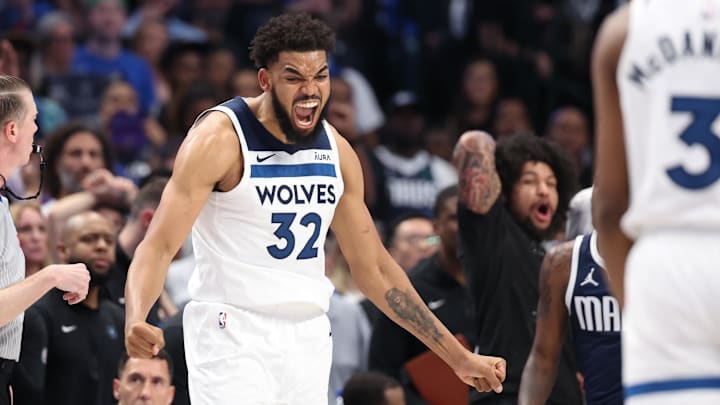 May 28, 2024; Dallas, Texas, USA; Minnesota Timberwolves center Karl-Anthony Towns (32) reacts during the fourth quarter against the Dallas Mavericks in game four of the western conference finals for the 2024 NBA playoffs at American Airlines Center. Mandatory Credit: Kevin Jairaj-Imagn Images May 28, 2024; Dallas, Texas, USA; Minnesota Timberwolves center Karl-Anthony Towns (32) reacts during the fourth quarter against the Dallas Mavericks in game four of the western conference finals for the 2024 NBA playoffs at American Airlines Center. Mandatory Credit: Kevin Jairaj-Imagn Images