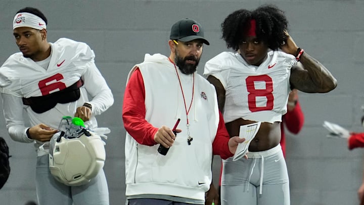 Ohio State Buckeyes defensive coordinator Matt Patricia talks to safety Jaylen McClain (8) during the first day of spring workouts for the 2026 football season at Woody Hayes Athletic Complex in Columbus on March 10, 2026. Ohio State Buckeyes defensive coordinator Matt Patricia talks to safety Jaylen McClain (8) during the first day of spring workouts for the 2026 football season at Woody Hayes Athletic Complex in Columbus on March 10, 2026.