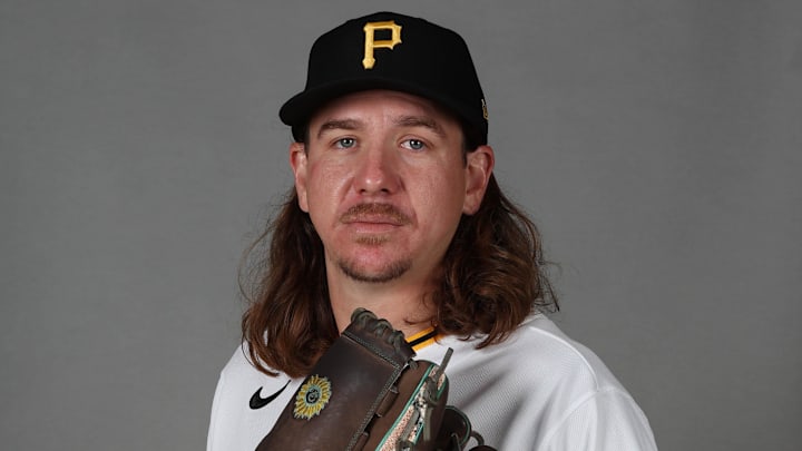 Feb 18, 2026; Bradenton, FL, USA; Pittsburgh Pirates pitcher Mike Clevinger (52) poses for a photo during media day at Pirate City. Mandatory Credit: Kim Klement Neitzel-Imagn Images