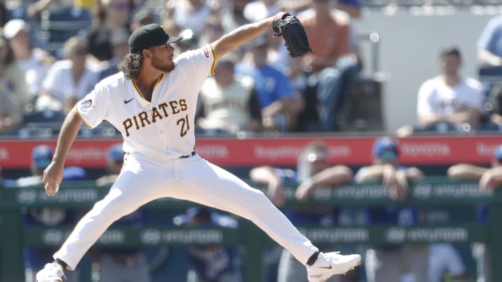 Pittsburgh Pirates starting pitcher Jared Jones (37) delivers a pitch against the Kansas City Royals during the first inning at PNC Park. 