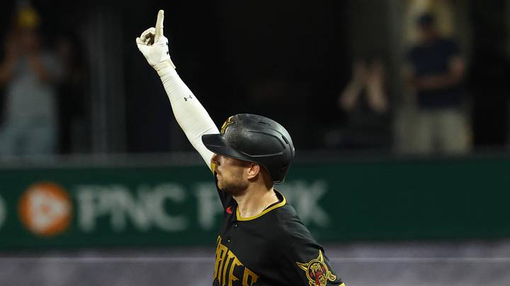 Jun 12, 2026; Pittsburgh, Pennsylvania, USA;  Pittsburgh Pirates second baseman Brandon Lowe (5) gestures as he circles the bases on a solo home run against the Miami Marlins during the eighth inning at PNC Park. Mandatory Credit: Charles LeClaire-Imagn Images