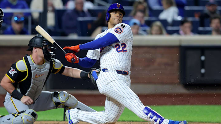 May 12, 2025; New York City, New York, USA; New York Mets right fielder Juan Soto (22) follows through on an RBI groundout during the seventh inning against the Pittsburgh Pirates at Citi Field. Mandatory Credit: Brad Penner-Imagn Images May 12, 2025; New York City, New York, USA; New York Mets right fielder Juan Soto (22) follows through on an RBI groundout during the seventh inning against the Pittsburgh Pirates at Citi Field. Mandatory Credit: Brad Penner-Imagn Images