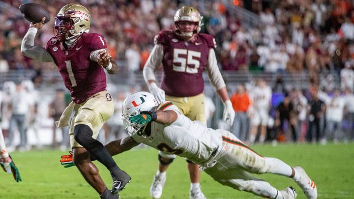 Florida State Seminoles quarterback Tommy Castellanos (1) passes the ball before he is tackled. The Miami Hurricanes defeated the Florida State Seminoles 22-28 at Doak Campbell Stadium on Saturday, Oct. 4, 2025.