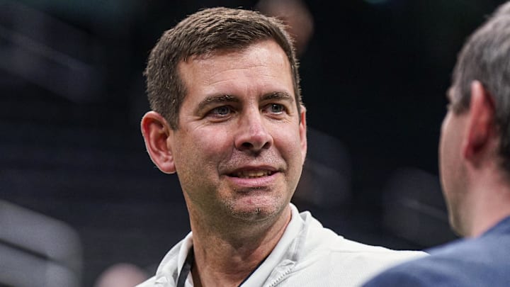Feb 6, 2025; Boston, Massachusetts, USA; Boston Celtics general manager Brad Stevens on the court before the start of the game against the Dallas Mavericks at TD Garden. Mandatory Credit: David Butler II-Imagn Images