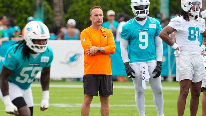 Miami Dolphins head coach Jeff Hafley watches his team at training camp at the Baptist Health Training Complex. Miami Dolphins head coach Jeff Hafley watches his team at training camp at the Baptist Health Training Complex.