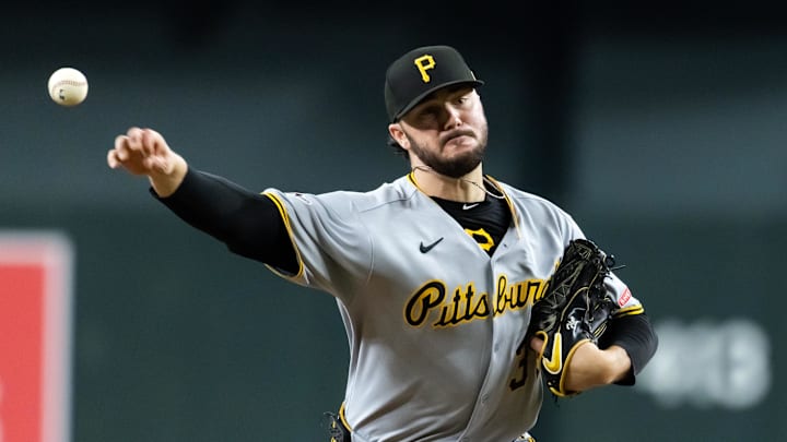 May 28, 2025; Phoenix, Arizona, USA; Pittsburgh Pirates pitcher Paul Skenes against the Arizona Diamondbacks in the first inning at Chase Field. Mandatory Credit: Mark J. Rebilas-Imagn Images