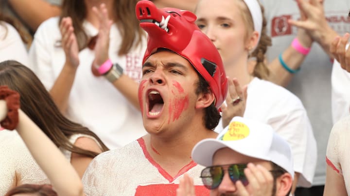 Sep 11, 2021; Fayetteville, Arkansas, USA; Arkansas Razorbacks fan during the first quarter against