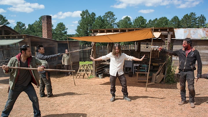 Peter Zimmerman as Eduardo, Rich Ceraulo as Guard, Tom Payne as Jesus, and Andrew Lincoln as Rick Grimes - The Walking Dead _ Season 6, Episode 11 - Photo Credit: Gene Page/AMC